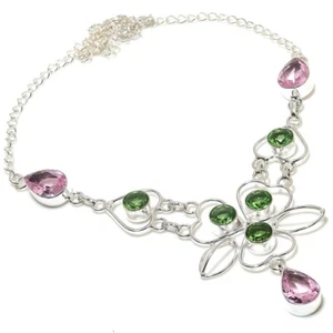 Kunzite&Tsavorite Gemstone Handmade 925 Sterling Silver Necklace Sz 18" - Picture 1 of 1