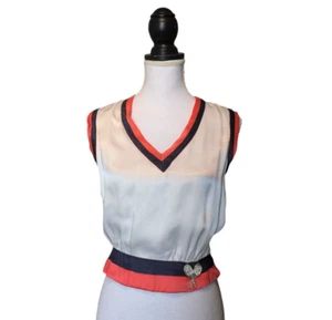 Vintage Satin Off White Orange Navy Blue Tennis V Neck Sweater Vest Small Preppy - Picture 1 of 15