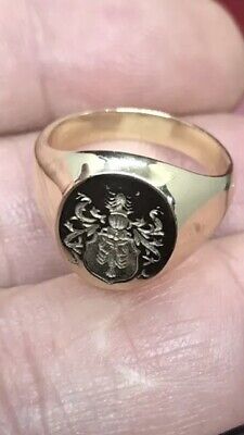 Antique Solid 18ct Yellow Gold Signed Ring Carved With Cot Of Arm Form Of Shield • 550£