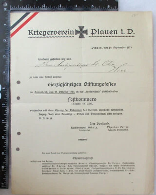 1913 Pre WW1 Vintage GERMAN 1870 WAR VETERAN DOCUMENT Kriegerverein Plauen - Image 1 of 3