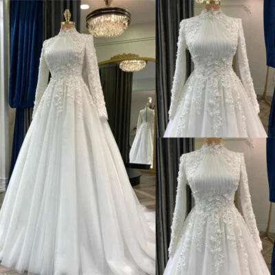 Vestidos de novia musulmanes cuello alto florales árabes manga larga lentejuelas vestidos de novia Foto 1 de 4