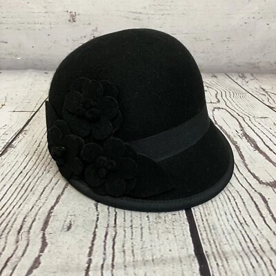 Nine West Hat Wool Felt Floral Cloche Black Womens Art Winter Fall - Image 1 of 4