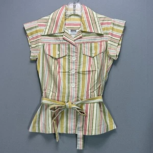 Vintage 1970s 70s Striped Short Sleeve Shirt Jacket Button Belted XS/S Fitted - Picture 1 of 16