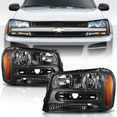 2002-2009 Chevy Trailblazer Black Housing Headlamps Headlights Pair Left+Right - Image 1 of 2