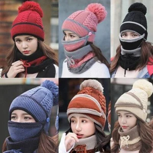 3tlg/Set Damen Winter Warm Bommel Mütze Maske Schal Hals Verdickt Plüsch Wolle Strick - Bild 1 von 6