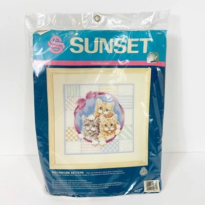 Dimensions Vtg 1991 Sunset 10264 ~Patchwork Kittens~Needlepoint Kit 12x12 NEW - Image 1 of 4