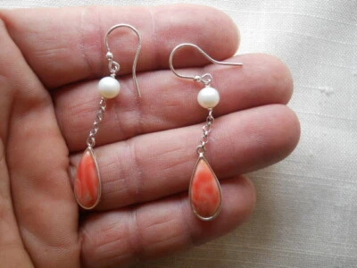 ORECCHINI  A  GOCCIA  IN CORALLO  ROSA  DEL GIAPPONE & ARG.925  EPOCA O VINTAGE - Immagine 1 di 4