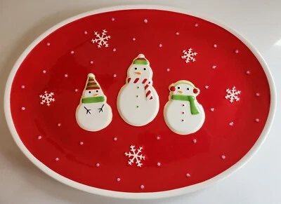 HALLMARK Ceramic Red Christmas Cookie Platter 15" x 11" Embossed Snowman  - Image 1 of 2