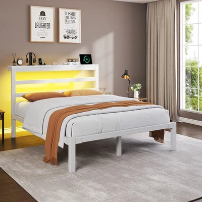 Full/Queen Size Metal Bed Frame with Storage Headboard, LED and Charging Station - Image 1 of 4