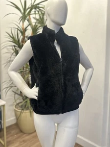 Talbots Faux Fur Vest Black Full Zip Women Sz L Banded Waist Plush Teddy Jacket - Picture 1 of 7