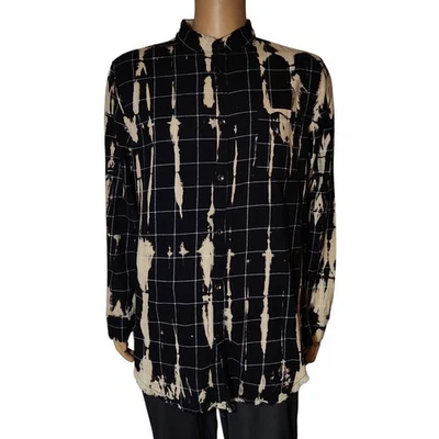 Elwood Long Flannel Shirt Men’s L Bleach dye Raw Hem Band Collar Button Up - Image 1 of 4