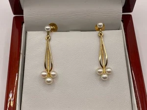 14ct Gold Bræmer-Jensen Denmark Pearl Dangle Drop Earrings (33mm) Screw Backs - Picture 1 of 15