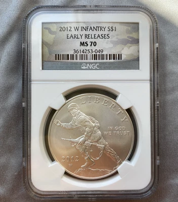 2012 W INFANTRY  S$1 COMMEMORATIVE  MS70  Early Releases SILVER Dollar NGC - Image 1 of 4