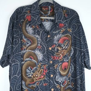 Vtg Red Dragon By Kennington Button Up Rayon Shirt Sz XL Blk AOP Y2K - Picture 1 of 8