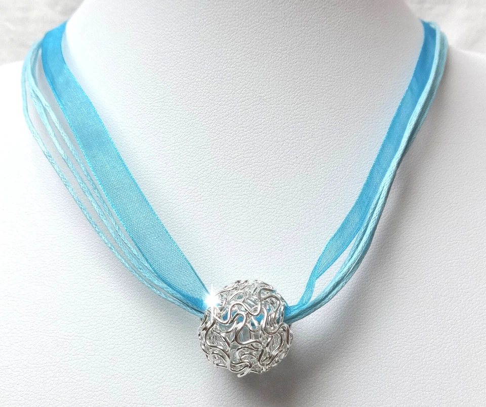 SILBER PERLE HALSKETTE KETTE ORGANZA KUGEL DRAHTKUGEL SCHMUCK DAMEN Türkis BLAU - Bild 1 von 1