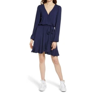 NEW BP. Navy Blue Long Sleeve V Neck Faux Wrap Mini Dress Size XS D368 - Picture 1 of 8