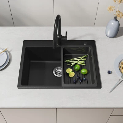 Granit Spülbecken Schwarz Küchenspüle mit Siebkorb Granitspüle mit Siphon 60x45  - Bild 1 von 4