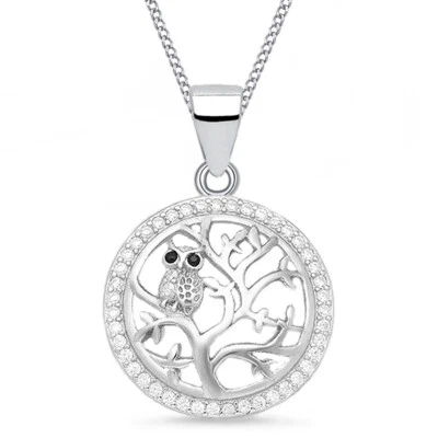 Lebensbaum Eule Hals-Kette Zirkonia Anhänger 925 Sterling Silber Schmuck-Set  - Bild 1 von 4
