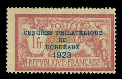 FRANCE  1923 Bordeux Philatelic Congress overprint  1fr claret Scott# 197 min MH - Image 1 of 2