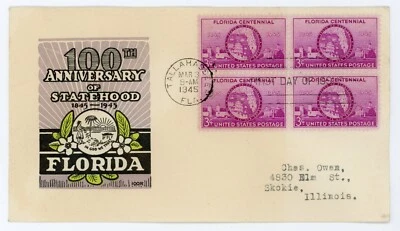 1945 - Scott #927 - Florida  Centennial First Day Cover FDC - Ioor Cachet - Image 1 of 2