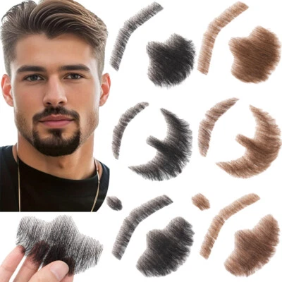 100% Human Hair Fake Mustache Beard Hand-Tied Lace Realistic Facial Hair Beards - Image 1 of 4