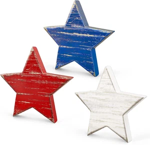 4Th of July Wooden Star Signs Patriotic Rustic Star Shape Tiered Tray Decor Red - Picture 1 of 7