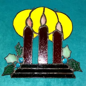 VINTAGE Stained Glass Suncatcher Christmas Holiday 3 Candles Holly - Picture 1 of 7