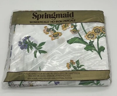 Springmaid Wondercale Queen Flat Sheet 90x102 in Libraire des Fleurs Flower NOS - Image 1 of 4