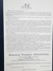 FRANCOIS DESCOSTES Ruphy Hugard FAIRE PART Sordet Tappaz JUGE PIEUILLIET 1908 - Picture 1 of 2