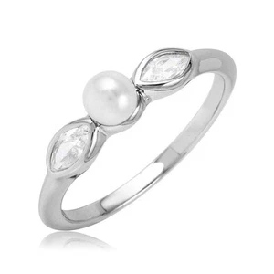 Sterling Silver 925 Rhodium Plated Cats Eye CZ Simulated Pearl Ring Sizes 5-9 - Picture 1 of 4