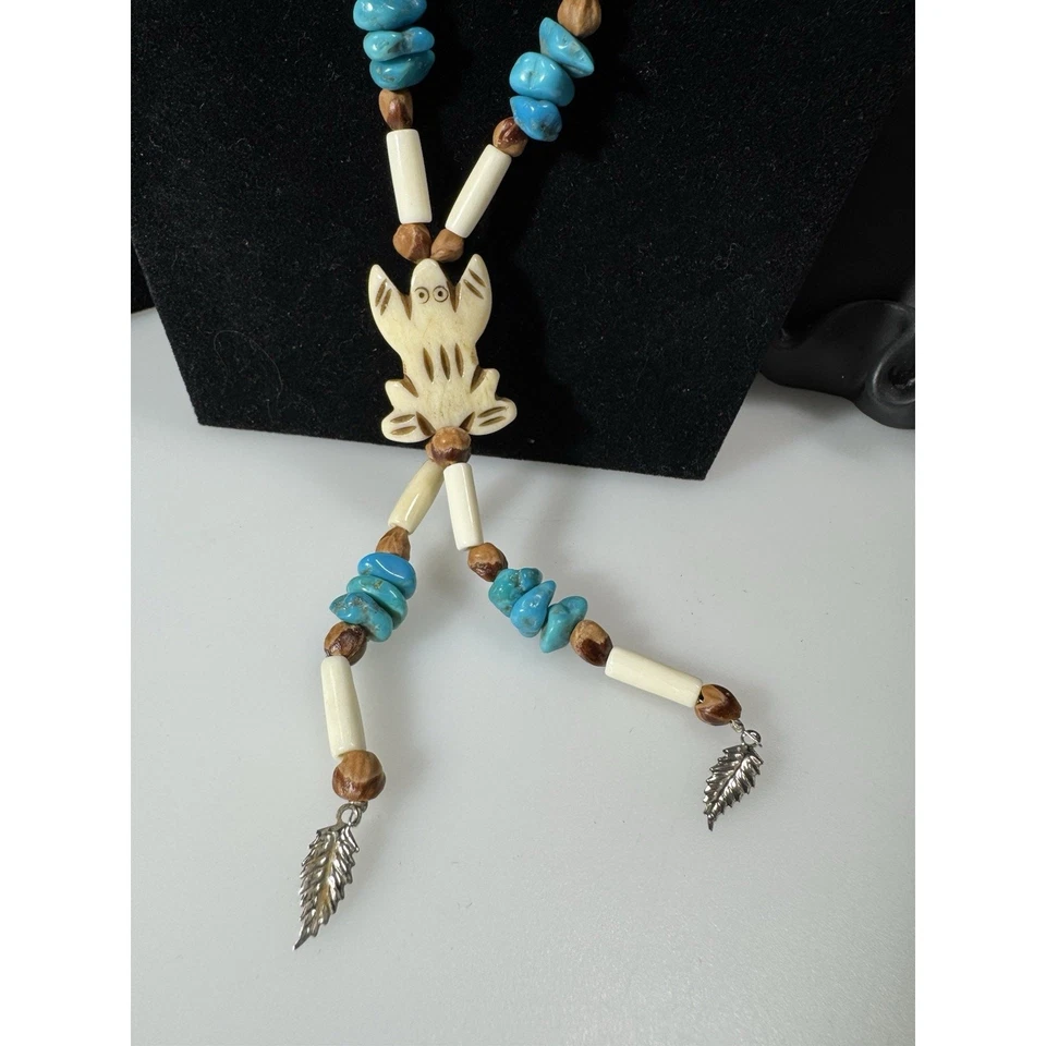Vtg Navajo Necklace Turquoise, Buffalo Bone, Carved Turtle Talisman Tassel 24” L - Image 1 of 4