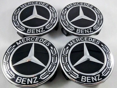 NEW 4PCS 75MM Mercedes Benz Wheel Center Caps Emblem Black and Chrome Hubcaps - Image 1 of 4