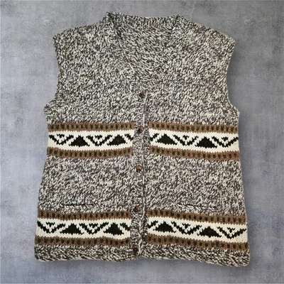 Hand Knit Sweater Vest Aztec Pattern Sleeveless Cardigan Nordic Size Large R21 - Image 1 of 4
