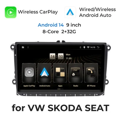 9" Stereo CarPlay for VW SEAT SKODA Video GPS Radio Navigation BT 8 Core 2+32G - Image 1 of 4