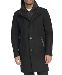 KENNETH COLE NY Men's Wool Mixed Media Hooded Walker Coat Black Large NWT - Picture 1 of 4