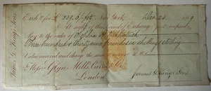1869 Bill of Exchange James G. King’s Sons, New York to Glynn, Mills, Currie & - Picture 1 of 1