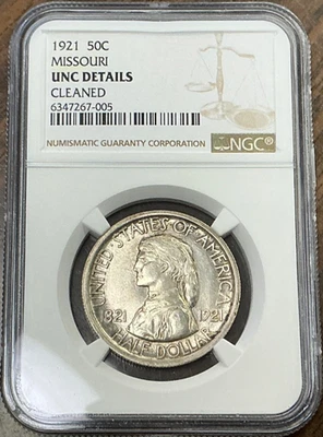 1921 50¢ MISSOURI CENTENNIAL COMMEMORATIVE HALF DOLLAR - NGC UNC DETAILS CLEANED - Image 1 of 4