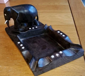 Vintage Ebenholz Holz handgeschnitzt Elefant Zigarette Zigarre Aschenbecher Afrika Intarsien - Bild 1 von 14
