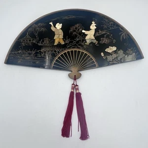 Vintage Asian Chinoiserie Fan Wall Art Inlay Boys Scene Mother of Pearl & Jade? - Picture 1 of 12
