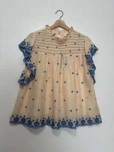 Ultra Pink Blouse L XL Artisan Folky Peach Blue Embroidered Button Back Cotton - Picture 1 of 11