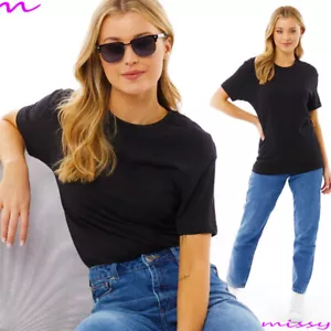 BLACK Top WOMENS Cotton mix OVERSIZED CREW NECK SHORT SLEEVE T-SHIRT SUMMER TOP - Picture 1 of 17
