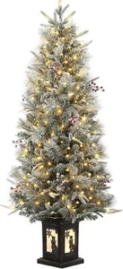 4.5Ft Artificial Pre-Lit Snowflocked Christmas Tree Berry Potted Tree Xmas Decor - Picture 1 of 7