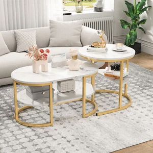 Couchtisch 2er Set Marmor Kaffeetisch Beistelltisch rund Sofatisch Wohnzimmer - Bild 1 von 12