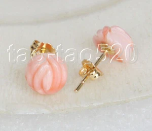 AAA 100 % natürliche 8 mm geschnitzte Blume rosa Koralle Ohrringe 14K Gold K27 - Bild 1 von 3