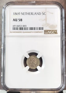 1869 NETHERLANDS SILVER 5 CENTS WILLIAM III NGC MS AU 58 SCARCE NICE COIN - Picture 1 of 3