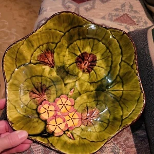 Vintage deutsche CICO grün Blumen Majolika Keramik 10" lange Geranie Servierschale - Bild 1 von 11