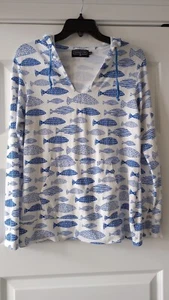 Duffield Lane Women's Sweatshirt Pullover Hoodie Blue & White Fish- Size Small - Picture 1 of 5