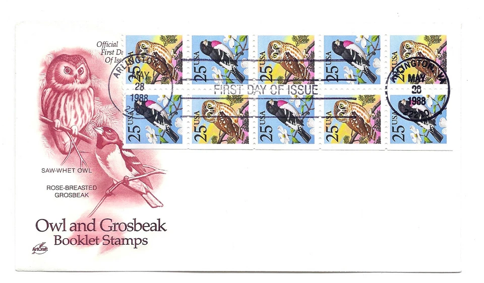 2285b (2284-85) Owl & Grosbeak booklet pane of 10 ArtCraft FDC - Image 1 of 1