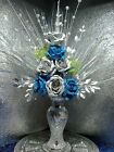 Artificial Silk Flower Arrangement Silver Blue In Glitter Mirror Vase Lights Up