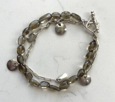 Artisan 925 Sterling Silver Double Strand Polished Smoky Quartz Bead Bracelet - Image 1 of 4